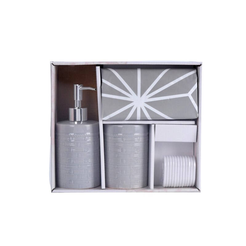 Set 3 piese pentru baie, recipient sapun, pahar periute dinti din ceramica, perdea de dus cu 12 carlige, Gri