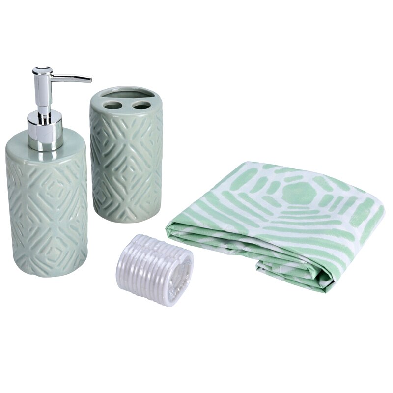 Set 3 piese pentru baie, recipient sapun, pahar periute dinti, ceramica, si perdea de dus cu 12 carlige, Verde