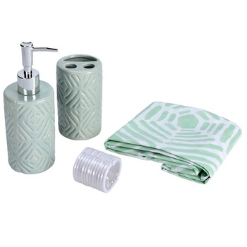 Set 3 piese pentru baie, recipient sapun, pahar periute dinti, ceramica, si perdea de dus cu 12 carlige, Verde Set 3 piese pentru baie, recipient sapun, pahar periute dinti, ceramica, si perdea de dus cu 12 carlige, Verde