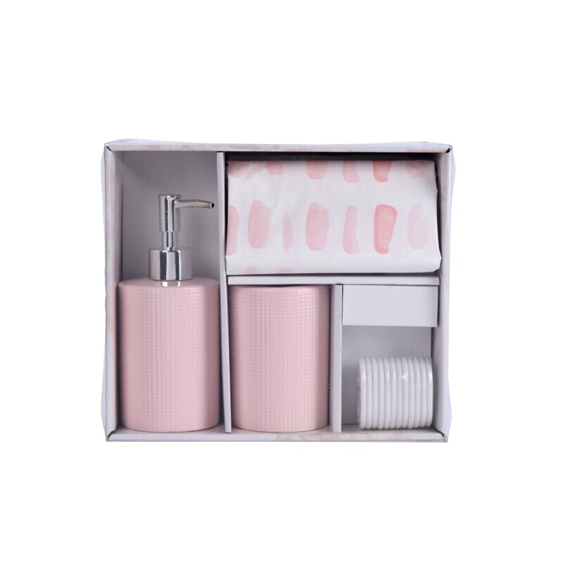Set 3 piese pentru baie, recipient sapun, pahar periute dinti, ceramica, si perdea de dus cu 12 carlige, Roz