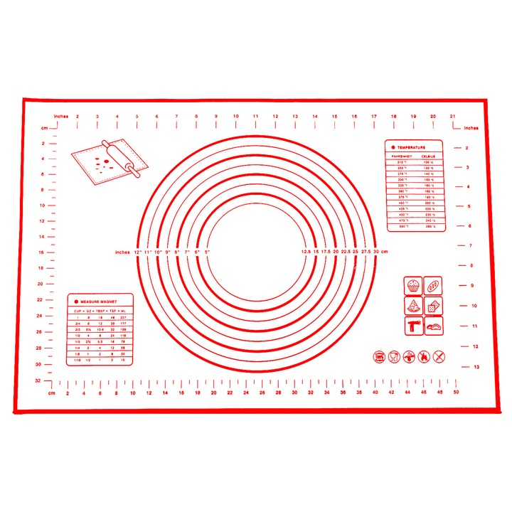 Covoras antiderapant pentru aluat, Silicon, 40x60 cm, Rosu/Alb