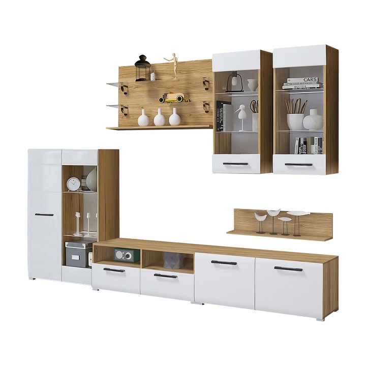 Set living Nensi 3, 280x47x200cm, stejar/alb