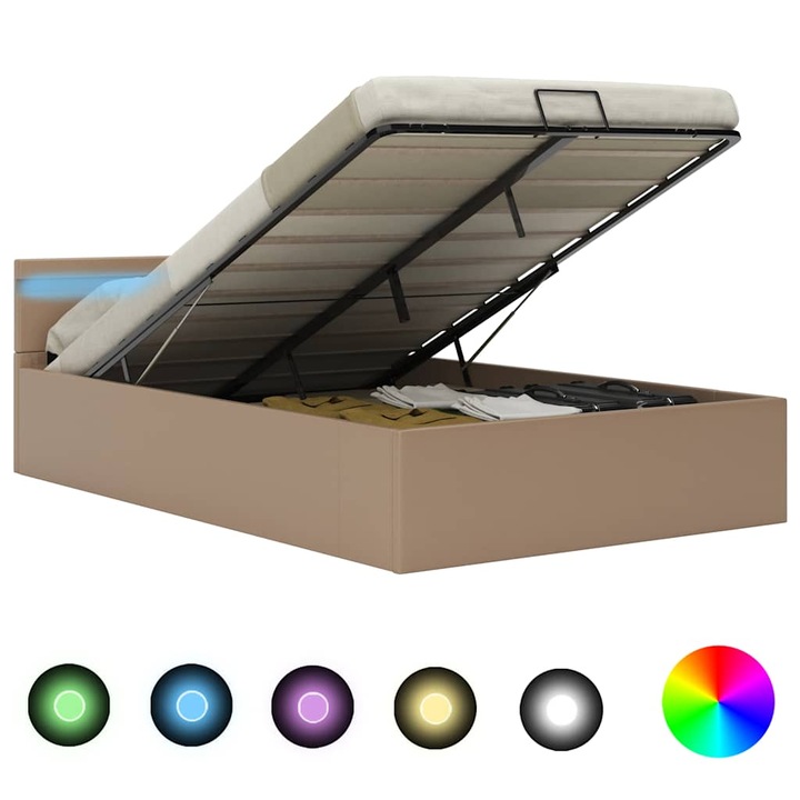 Cadru pat hidraulic lada LED vidaXL, cappuccino 140 x 200 cm piele eco, 37.75 kg