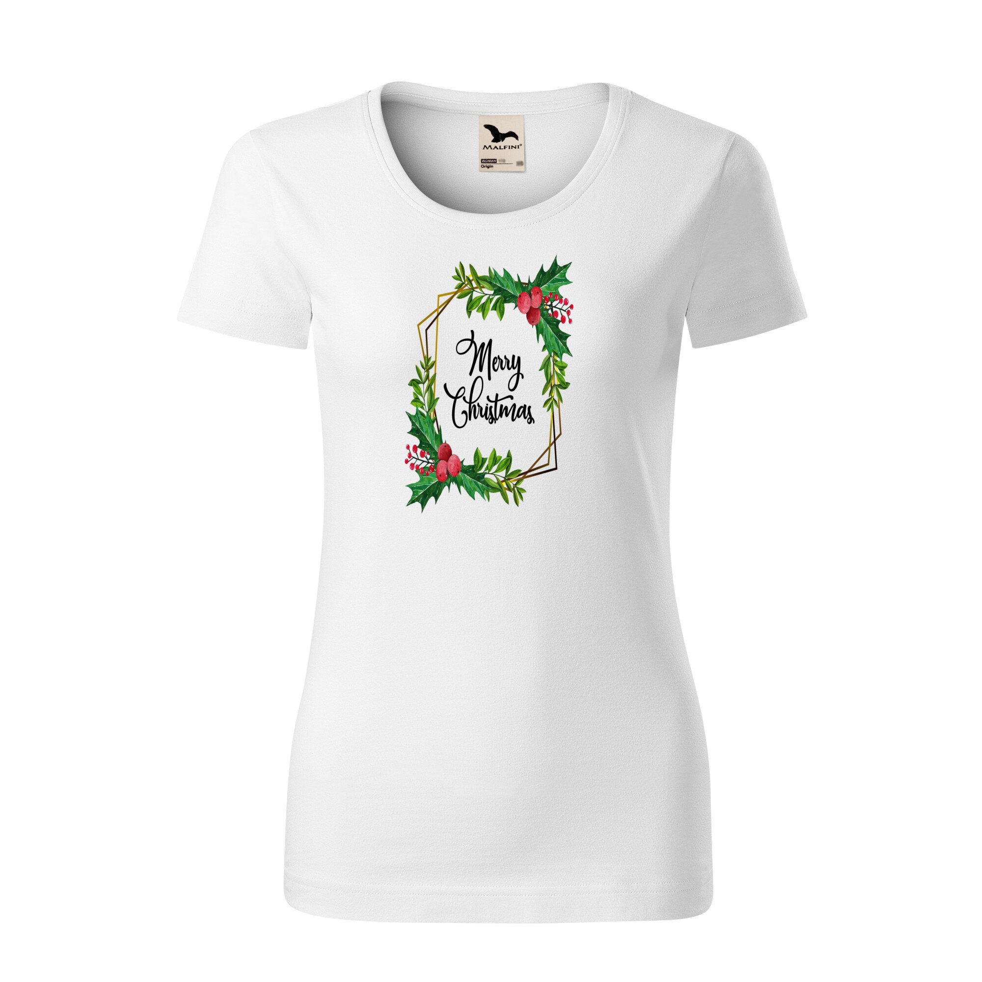 Tricou dama clasic, Malfini, Merry Christmas, Alb, L