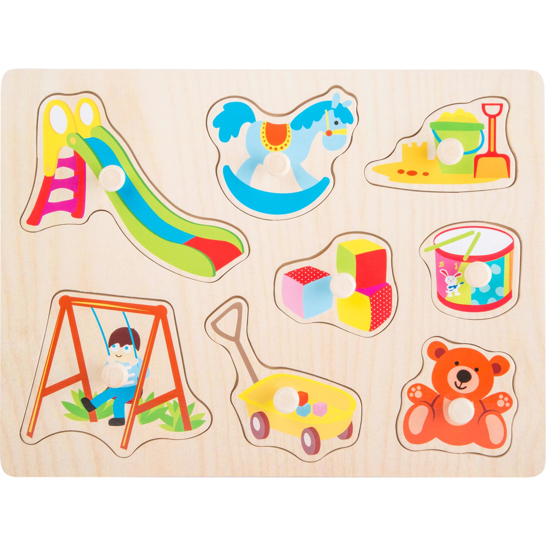 Puzzle jucarii, cu bumbi, 10 piese, lemn