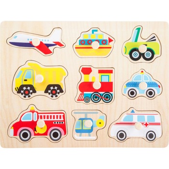 Puzzle mijloace de transport, cu bumbi, 10 piese, lemn Puzzle mijloace de transport, cu bumbi, 10 piese, lemn