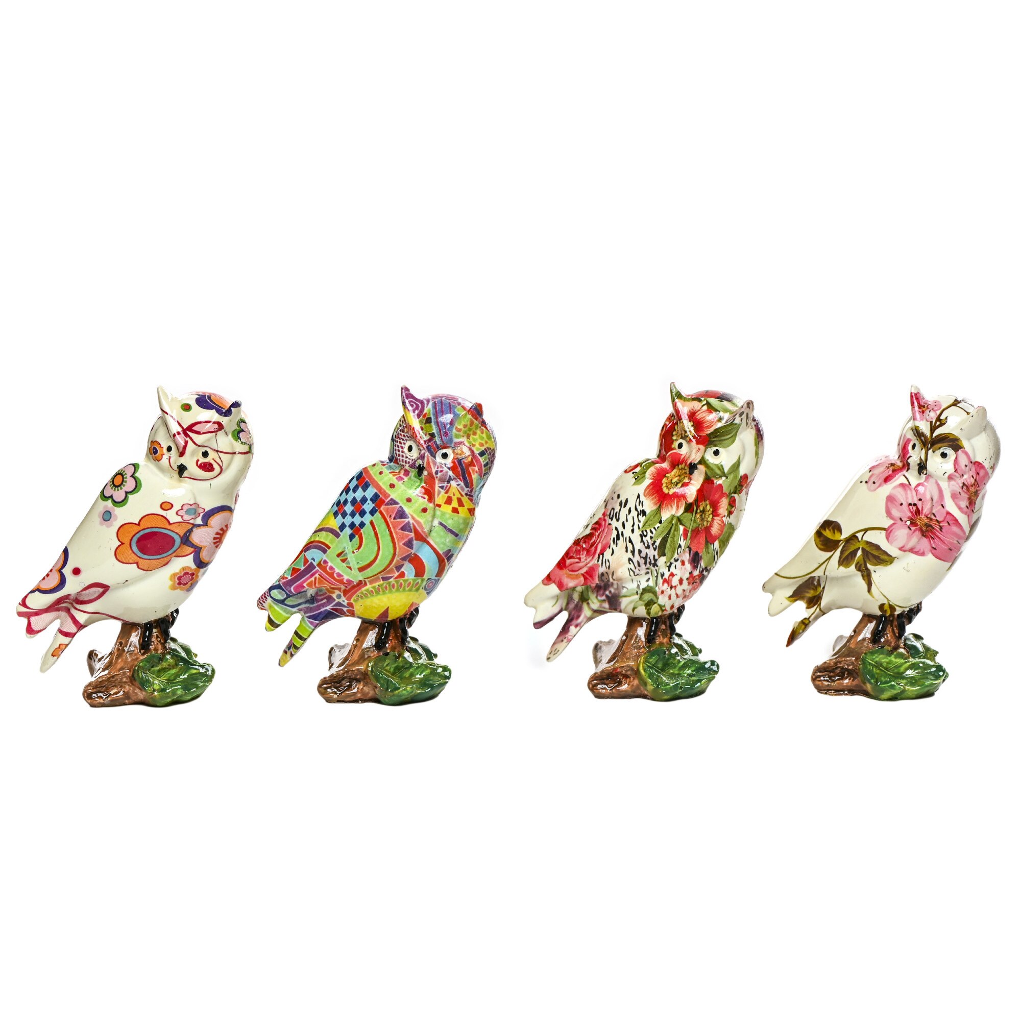 Set 4 statuete decorative 'Bufnitele colorate II', 10 cm, realizate manual din rasina
