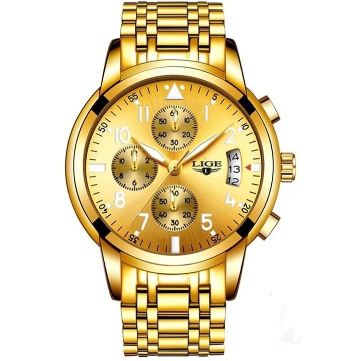 Мъжки часовник Lige, кварцов механизъм, неръждаема стомана, хронограф, светещи индекси, календар, злато