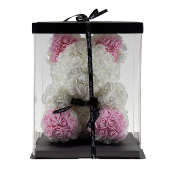 Ursulet din trandafiri de spuma + Cutie, 30 cm, Alb-Roz pal / CD4084-1_24 Ursulet din trandafiri de spuma + Cutie, 30 cm, Alb-Roz pal / CD4084-1_24