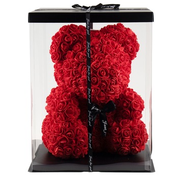 Ursulet din trandafiri de spuma + Cutie, 35 cm, Rosu / CD4084-2_1 Ursulet din trandafiri de spuma + Cutie, 35 cm, Rosu / CD4084-2_1