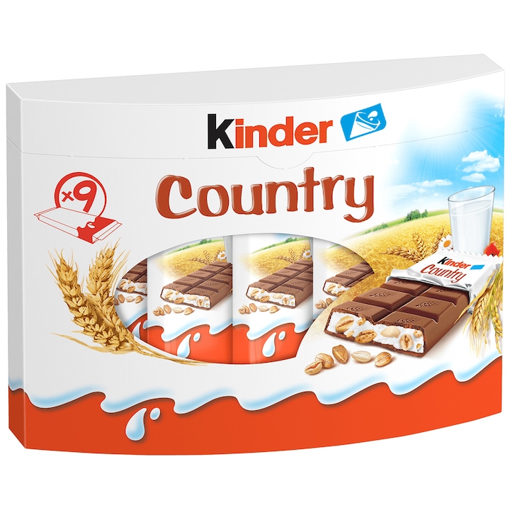Pachet batone de ciocolata cu crema de lapte si cereale Kinder Country, 9 batoane, 212g
