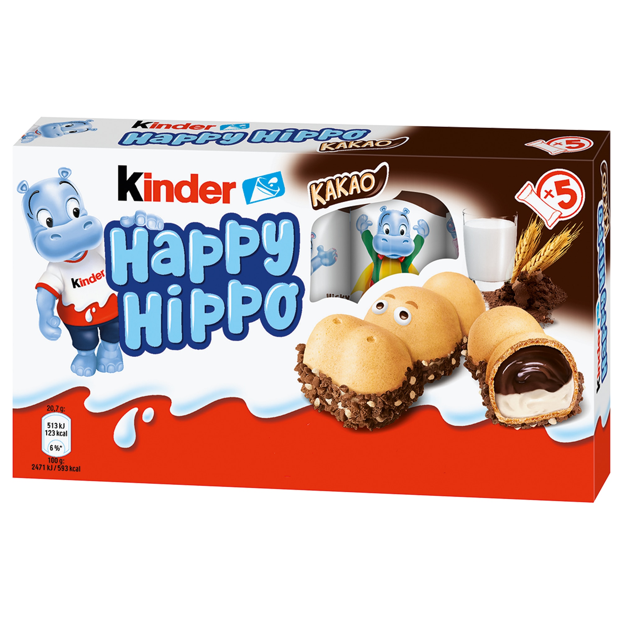 Pachet napolitana cu lapte si cacao Kinder Happy Hippo, 5 bucati, 104g