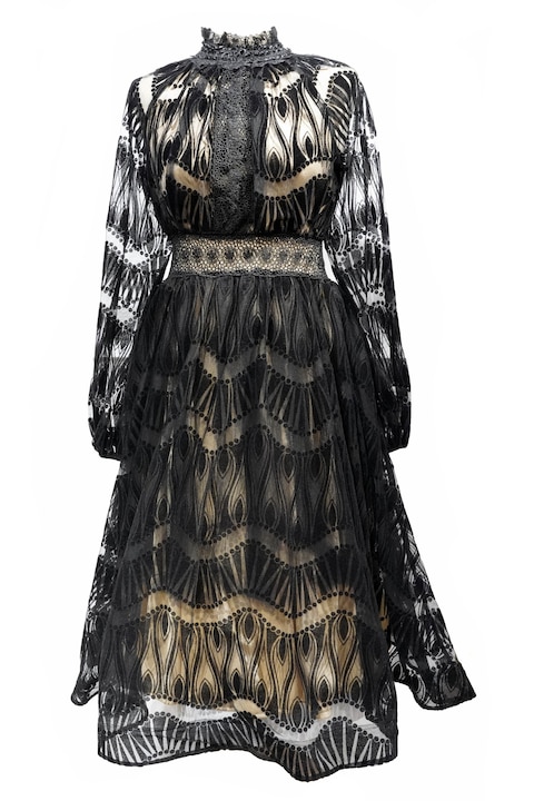 Rochie voluminoasa, eleganta din tull bej cu catifea neagra