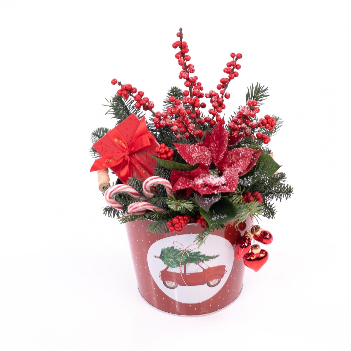 Aranjament floral in forma de galetusa, o Craciunita rosie, 20x30cm