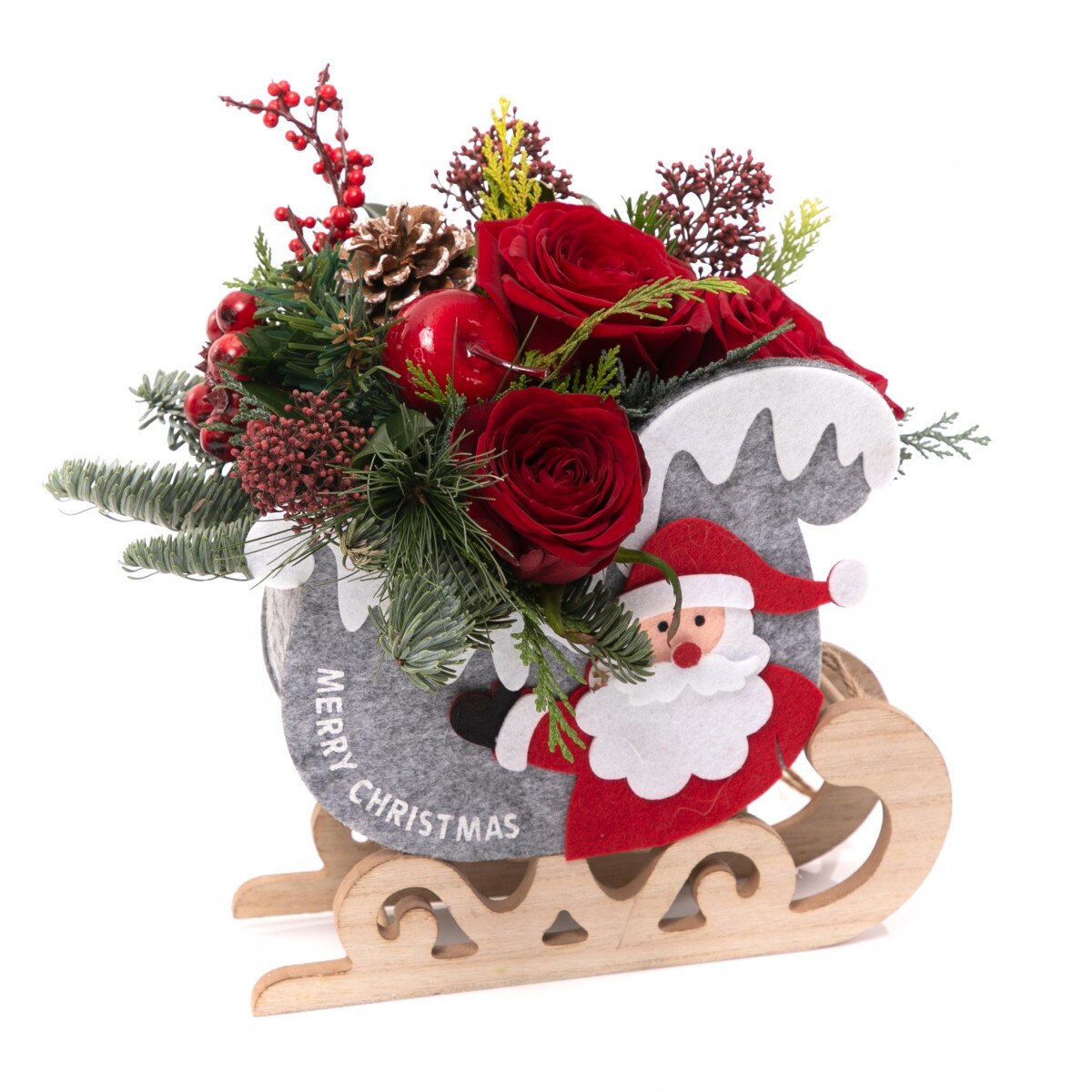 Aranjament floral in forma de sanie, 3 trandafiri rosii, rosu/verde, 15x20cm