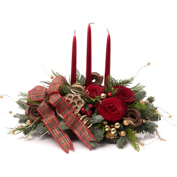 Aranjament floral festiv Craciun, 3 trandafiri cerati, rosu/auriu, 40x20cm Aranjament floral festiv Craciun, 3 trandafiri cerati, rosu/auriu, 40x20cm