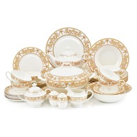 Set vesela AIX©, portelan Bone china, elegant, decor auriu sofisticat, decorata cu elemente neoclasice, 44 piese