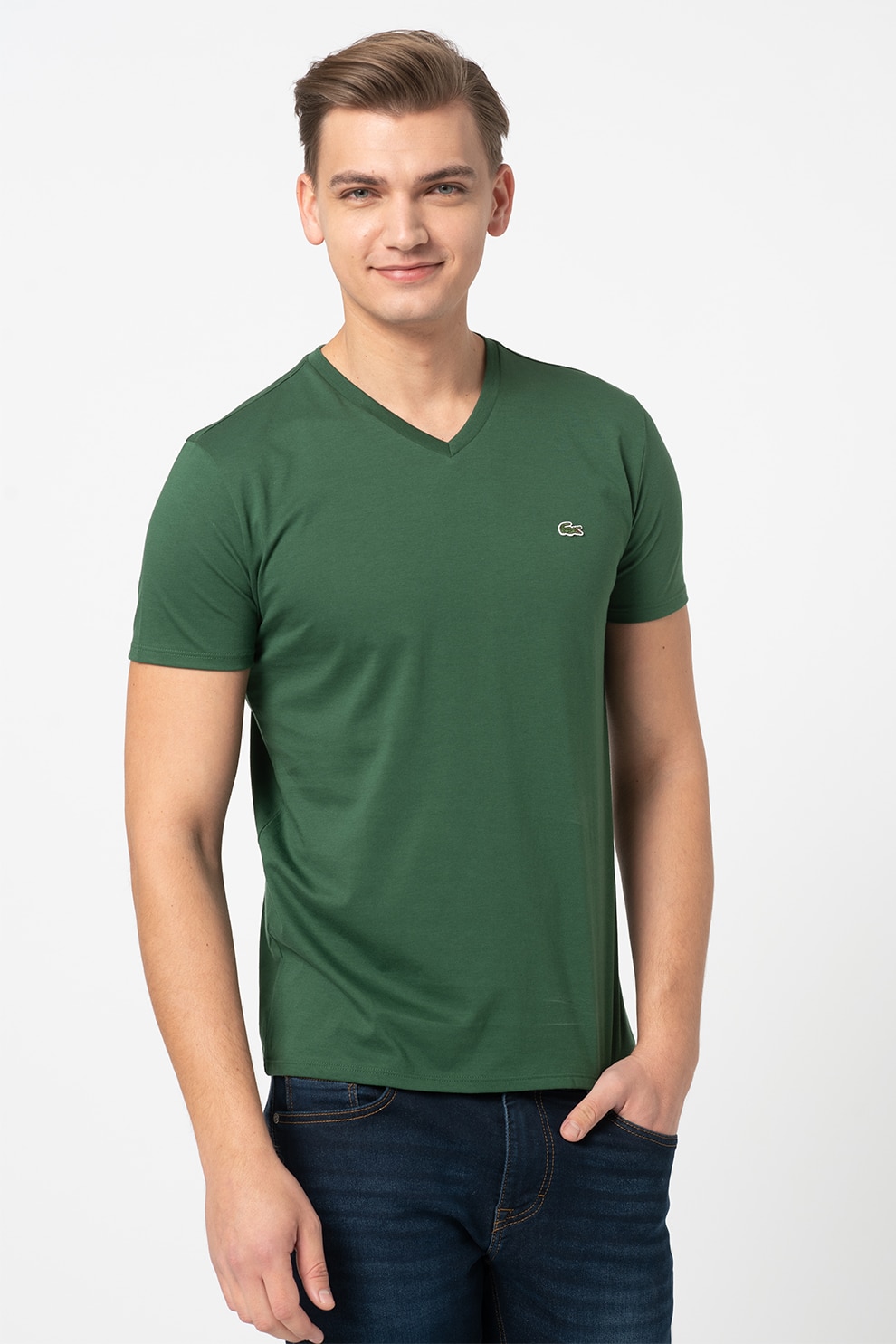 Lacoste, Tricou din bumbac cu decolteu in V, Verde marin
