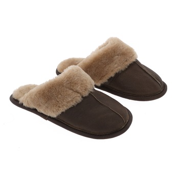 Papuci de casa din blana naturala de miel, confortabila, model pentru barbati, Maro/Crem Papuci de casa din blana naturala de miel, confortabila, model pentru barbati, Maro/Crem