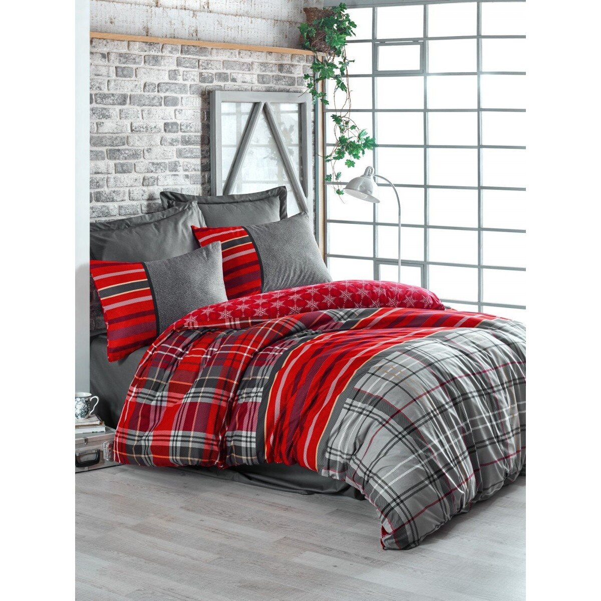 Lenjerie pat dublu bumbac 100% ranforce, 4 piese, Cotton Box, Santa - Grey