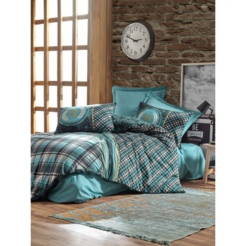 Lenjerie pat dublu bumbac 100% ranforce, 3 piese, Cotton Box, Enrico - Petrol Lenjerie pat dublu bumbac 100% ranforce, 3 piese, Cotton Box, Enrico - Petrol