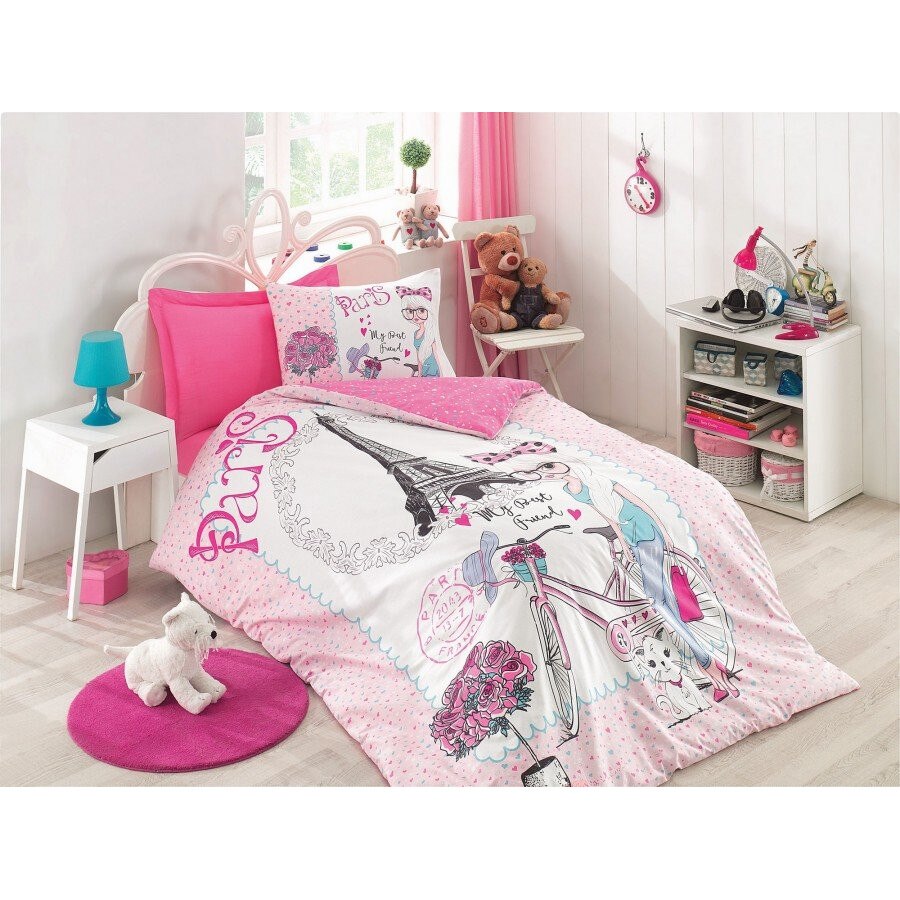 Lenjerie pat dublu bumbac 100% ranforce, 3 piese, Cotton Box, Best Friend - Pink