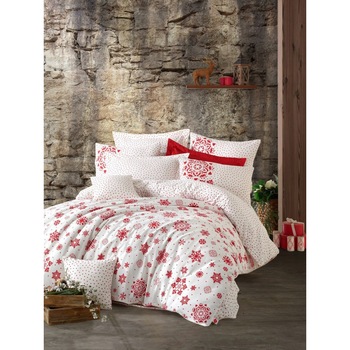 Lenjerie pat dublu bumbac 100% ranforce, 3 piese, Cotton Box, Snowflake - Red Lenjerie pat dublu bumbac 100% ranforce, 3 piese, Cotton Box, Snowflake - Red