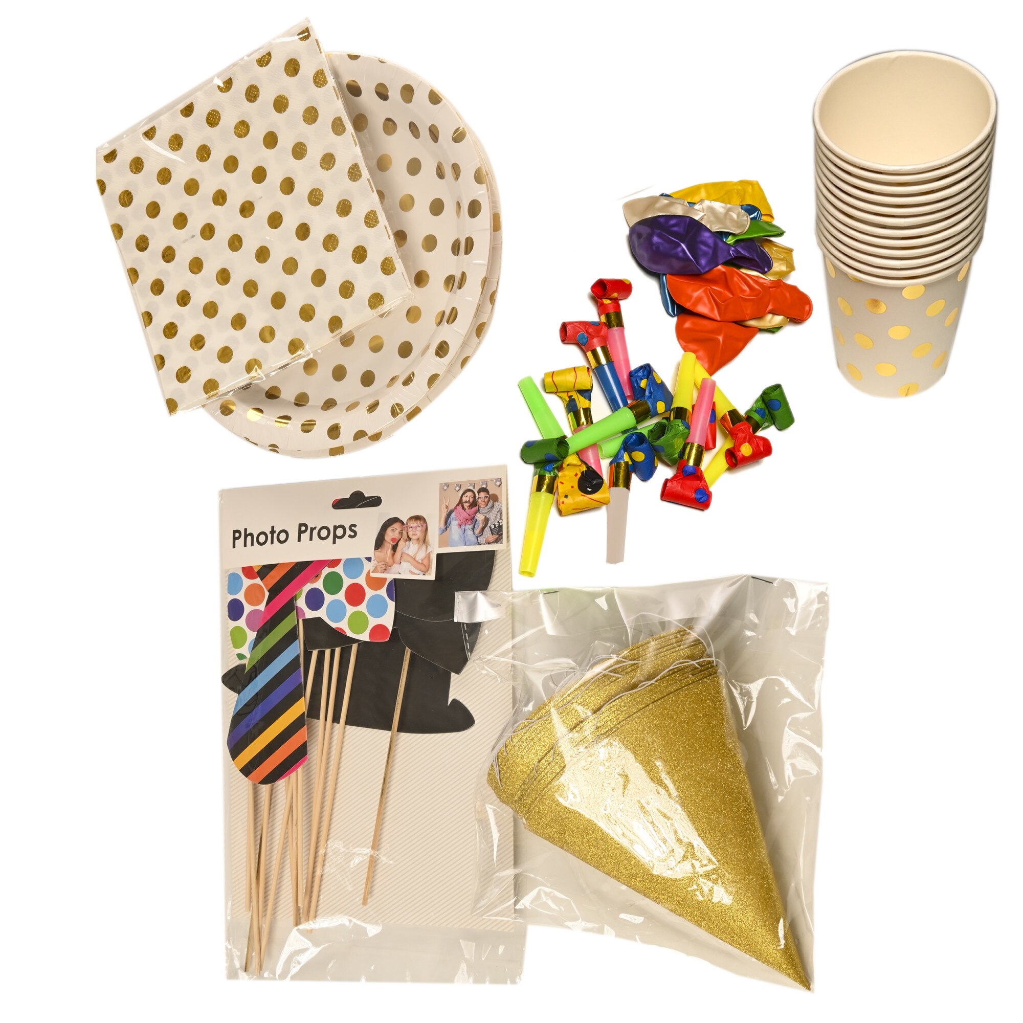 Set complet de accesorii pentru petrecere de 6 persoane, 54 piese, pahare, farfurii, servetele, coifuri, baloane, trompete suflatori, props pentru fotografii