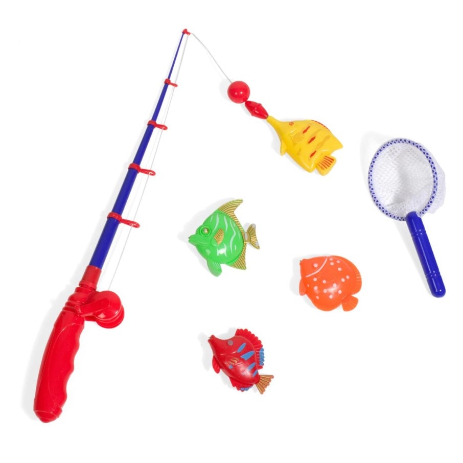 Set de pescuit cu 4 pesti multicolori si plasa
