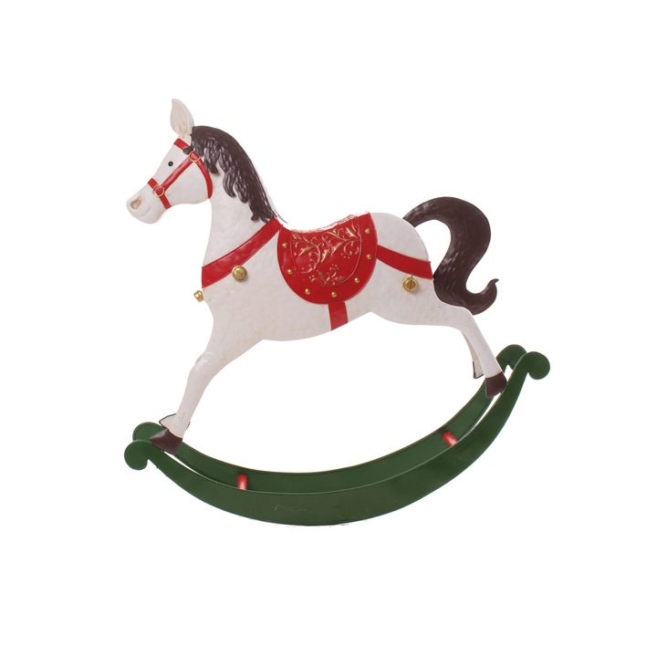 Figurina Calut balansoar, de Craciun, metalic, alb, 62 cm