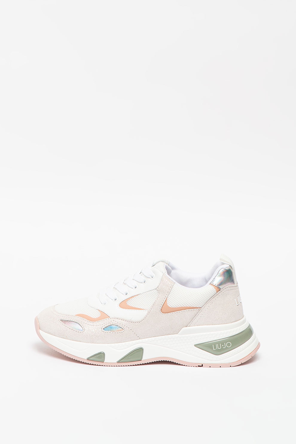 Liu Jo, Pantofi sport de piele intoarsa cu insertii de plasa, Alb prafuit/Roz prafuit, 40