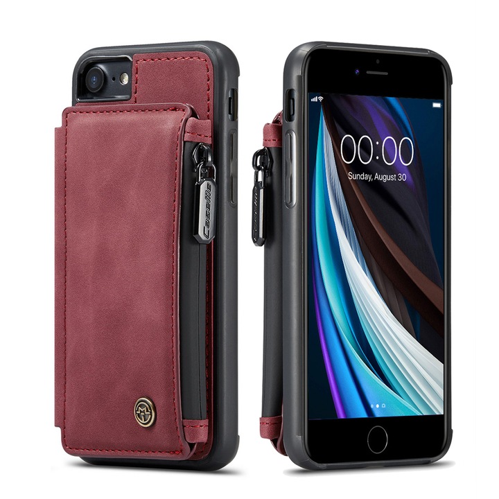 Калъф за iPhone SE 3 2022, SE 2 2020, iPhone 8, 7, кожа с кадифена текстура, back cover, отделение за карти, джоб с цип, RFID защита, бордо