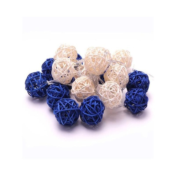 IRIS 4616377 Gömb alakú fonott/rattan/4m/fehér + kék/20db LED-es/3xAA elemes fénydekoráció