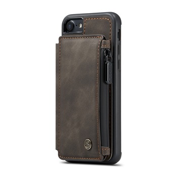 Husa iPhone SE 2 (2020), iPhone 8, iPhone 7, piele cu textura catifelata, back cover, slot carduri, buzunar cu fermoar, protectie RFID, Maro coffee