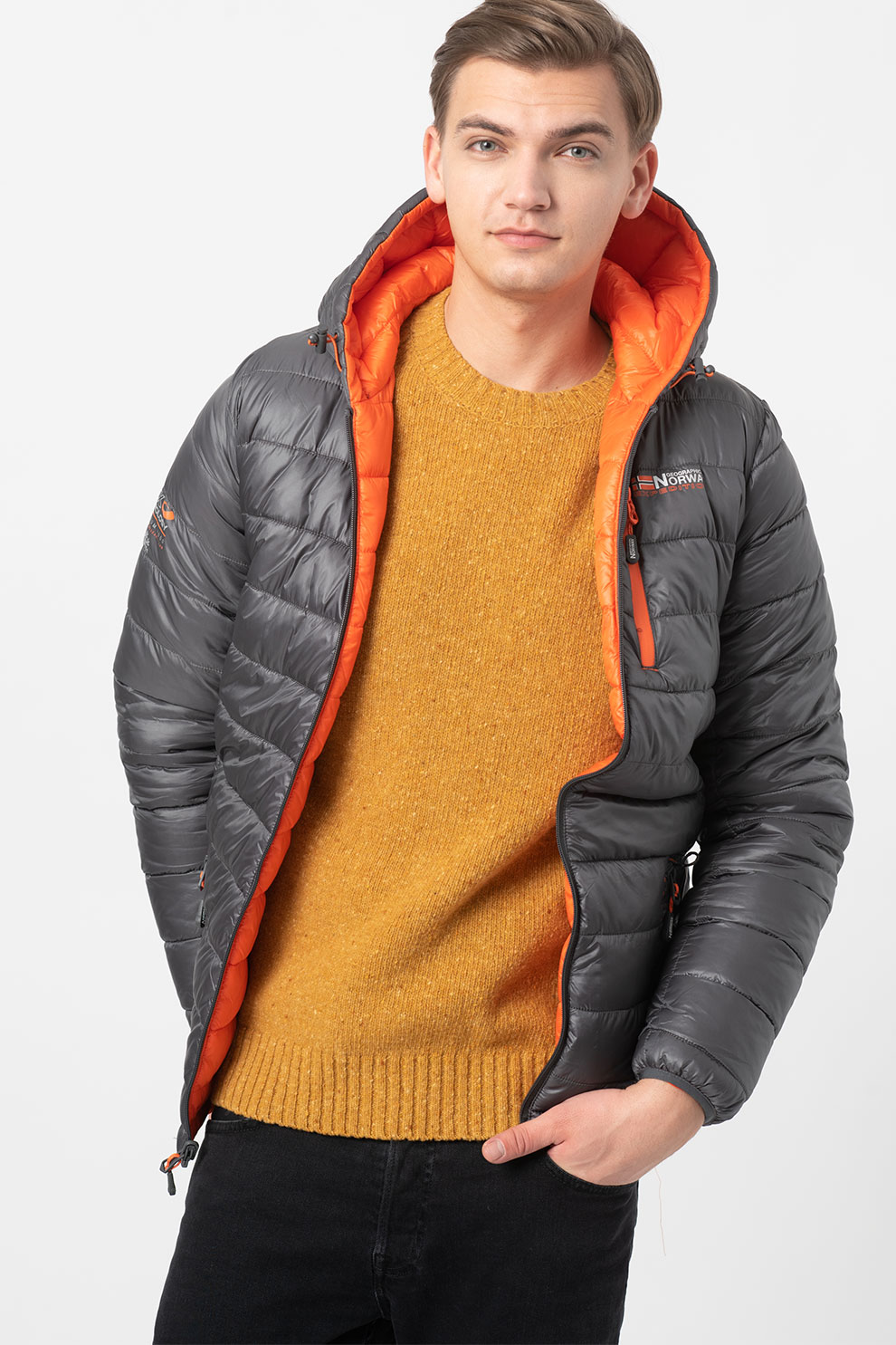 Geographical Norway, Geaca reversibila cu vatelina si gluga Brother, Gri/Oranj mandarina