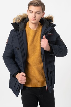 Geographical Norway, Jacheta parka cu vatelina si garnitura detasabila din blana sintetica Bottle, Bleumarin Geographical Norway, Jacheta parka cu vatelina si garnitura detasabila din blana sintetica Bottle, Bleumarin