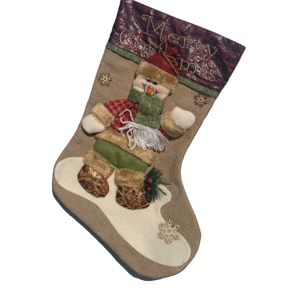 Soseta Mos Craciun din panza de sac cu om de zapada