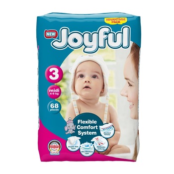 Scutece copii Joyful, 68 bucati, Marime 3, Midi, 4-9 kg Scutece copii Joyful, 68 bucati, Marime 3, Midi, 4-9 kg