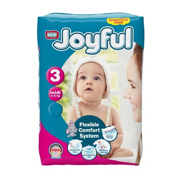 Scutece copii Joyful, 204 bucati, Marime 3, Midi, 4-9 kg Scutece copii Joyful, 204 bucati, Marime 3, Midi, 4-9 kg
