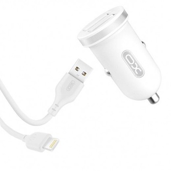 Incarcator auto 2.1A, X.O alb, cu 2 USB si cablu de incarcare Lightning Incarcator auto 2.1A, X.O alb, cu 2 USB si cablu de incarcare Lightning