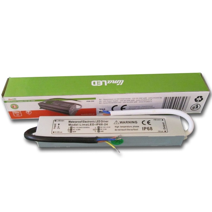 Влагозащитено Захранване limaLED за LED Ленти 24W 2A