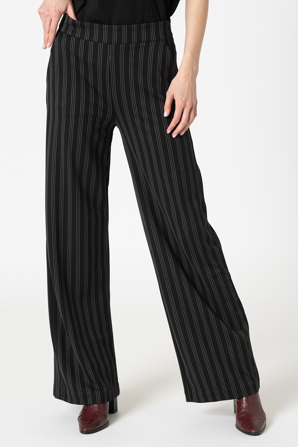 ICHI, Pantaloni drepti cu dungi, Negru/Alb, S - eMAG.ro