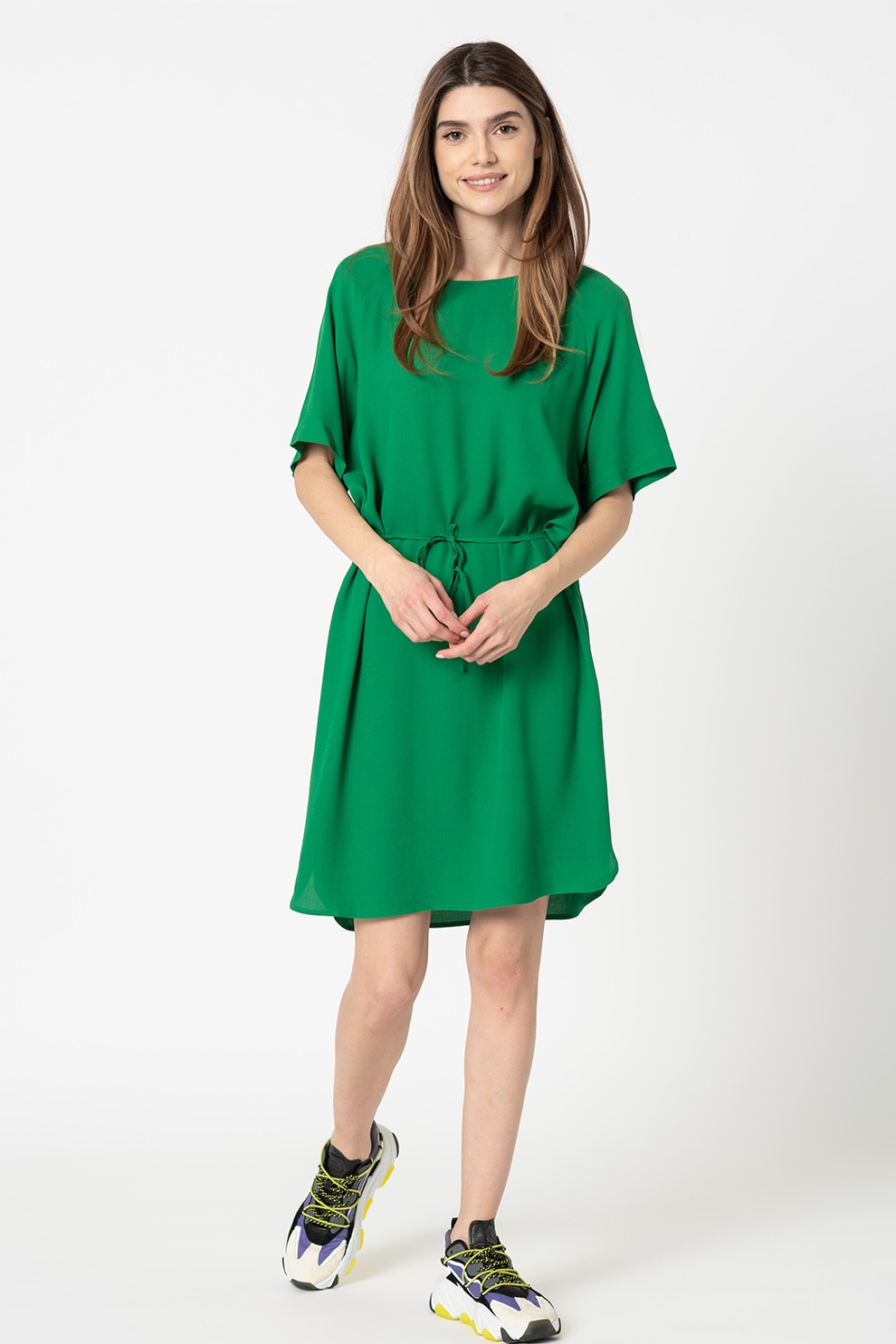 ICHI, Rochie lejera cu cordon in talie, Verde, XS