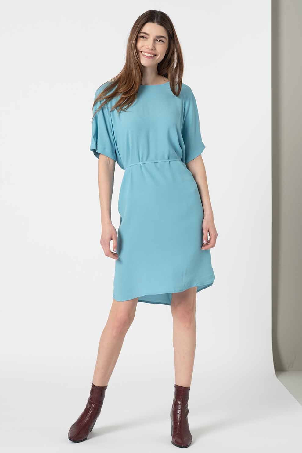 ICHI, Rochie lejera cu cordon in talie, Albastru aqua, XS