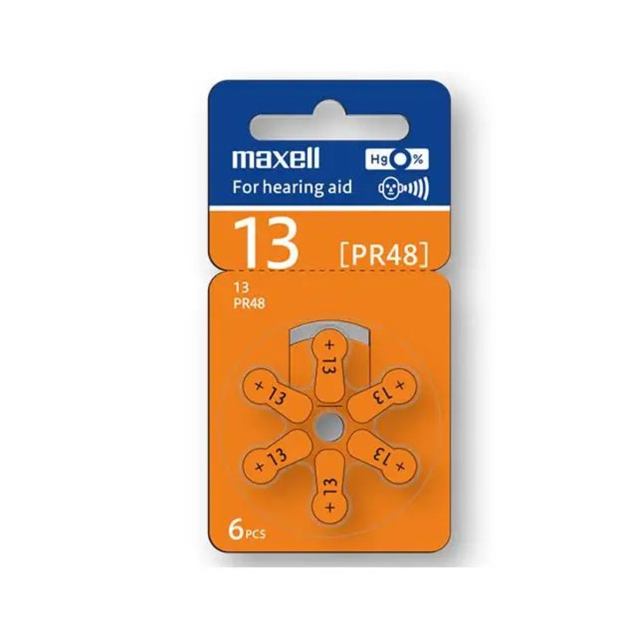 Set 6 baterii auditive PR48 ( 13 ) P13, Zinc Air, Maxell, portocaliu, 1.45V, blister 6 bucati PR48