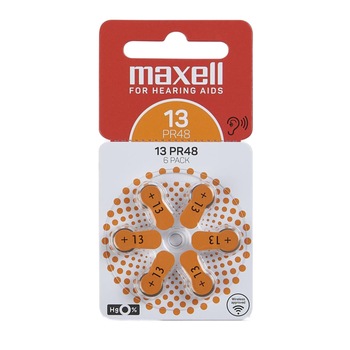 Set 6 baterii auditive PR48 ( 13 ) P13, Zinc Air, Maxell, portocaliu, 1.45V, blister 6 bucati Set 6 baterii auditive PR48 ( 13 ) P13, Zinc Air, Maxell, portocaliu, 1.45V, blister 6 bucati