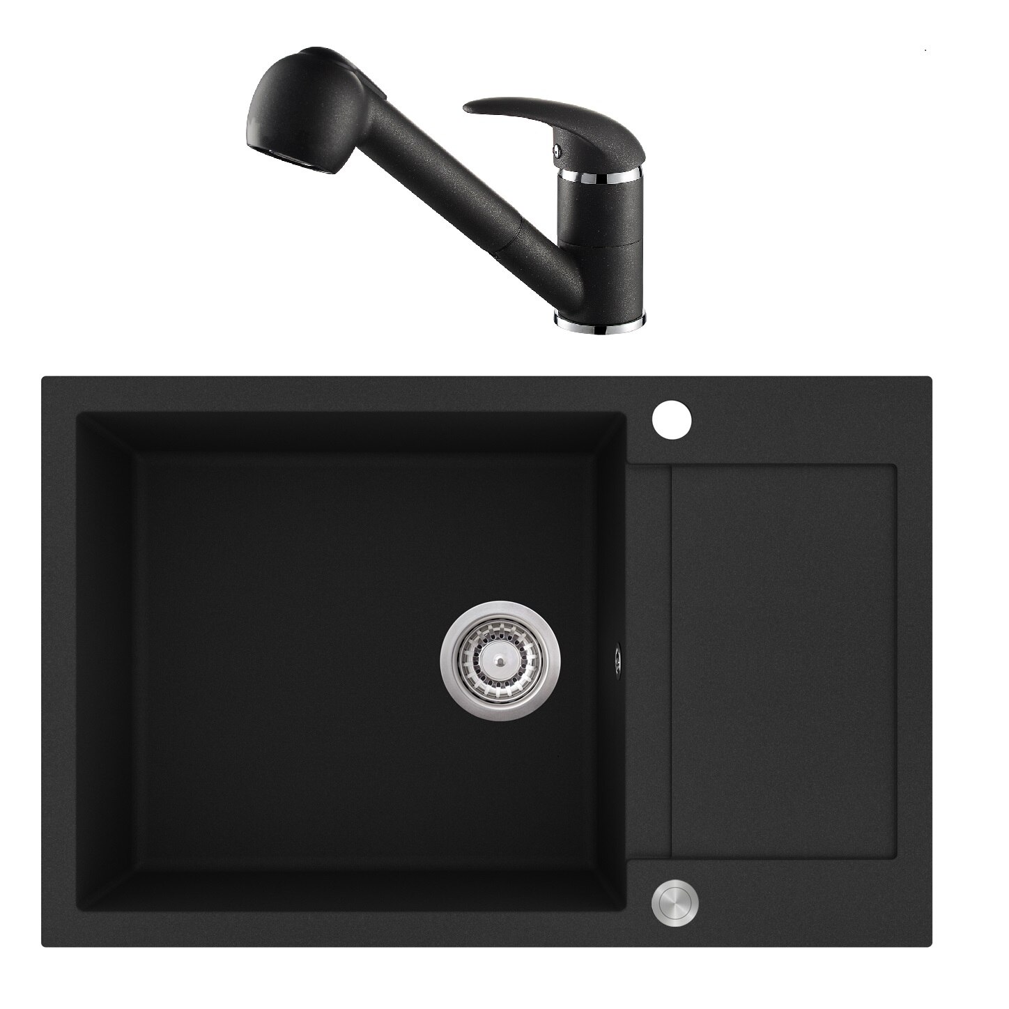 Pachet Aquasanita, chiuveta compozit si picurator cu baterie Rondo silicsana negru metalic