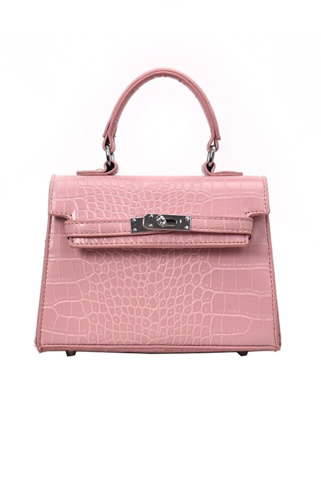 Geanta de dama Lucy roz din piele ecologica tip piele de crocodil, 19 x 14 x 8 cm