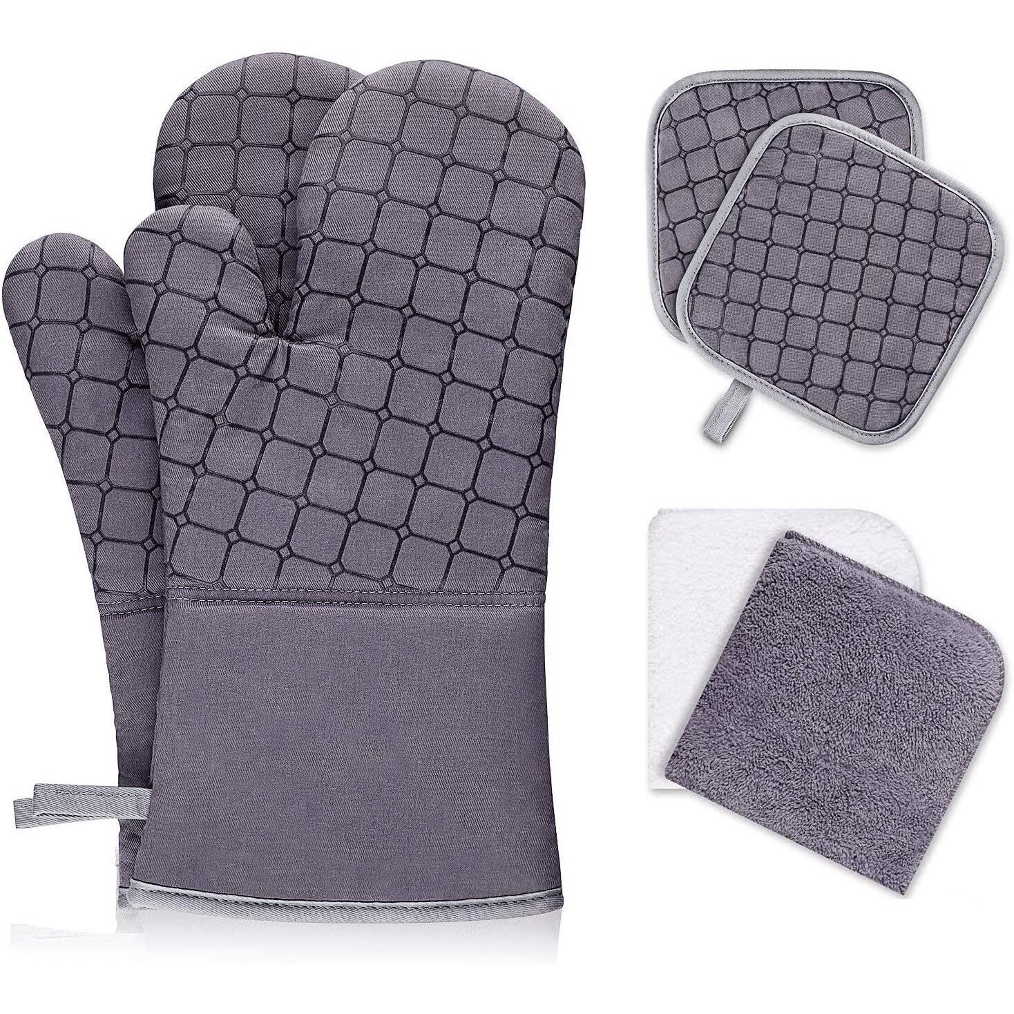 Set 6 accesorii de bucatarie Uco, Manusi/ Prosoape/ Suport, Gri