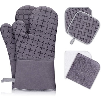 Set 6 accesorii de bucatarie Uco, Manusi/ Prosoape/ Suport, Gri Set 6 accesorii de bucatarie Uco, Manusi/ Prosoape/ Suport, Gri